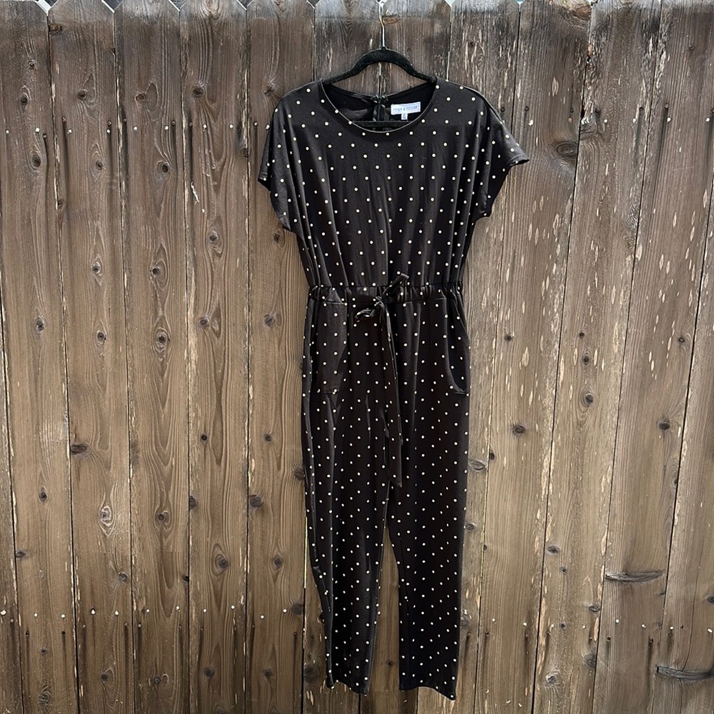 Piper & Scoot black jumpsuit with tan polka dots (S)